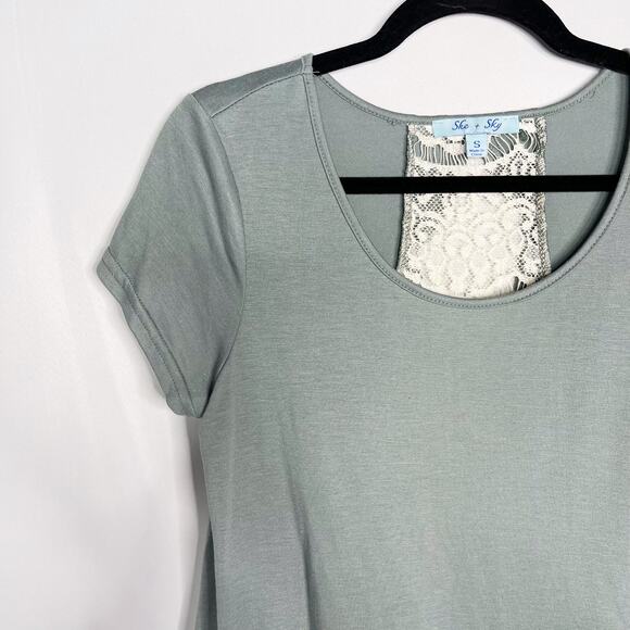 New She + Sky Green Large L Lace Open Back Ruffle Detail Short Sleeve Top Tee - Picture 5 of 10
